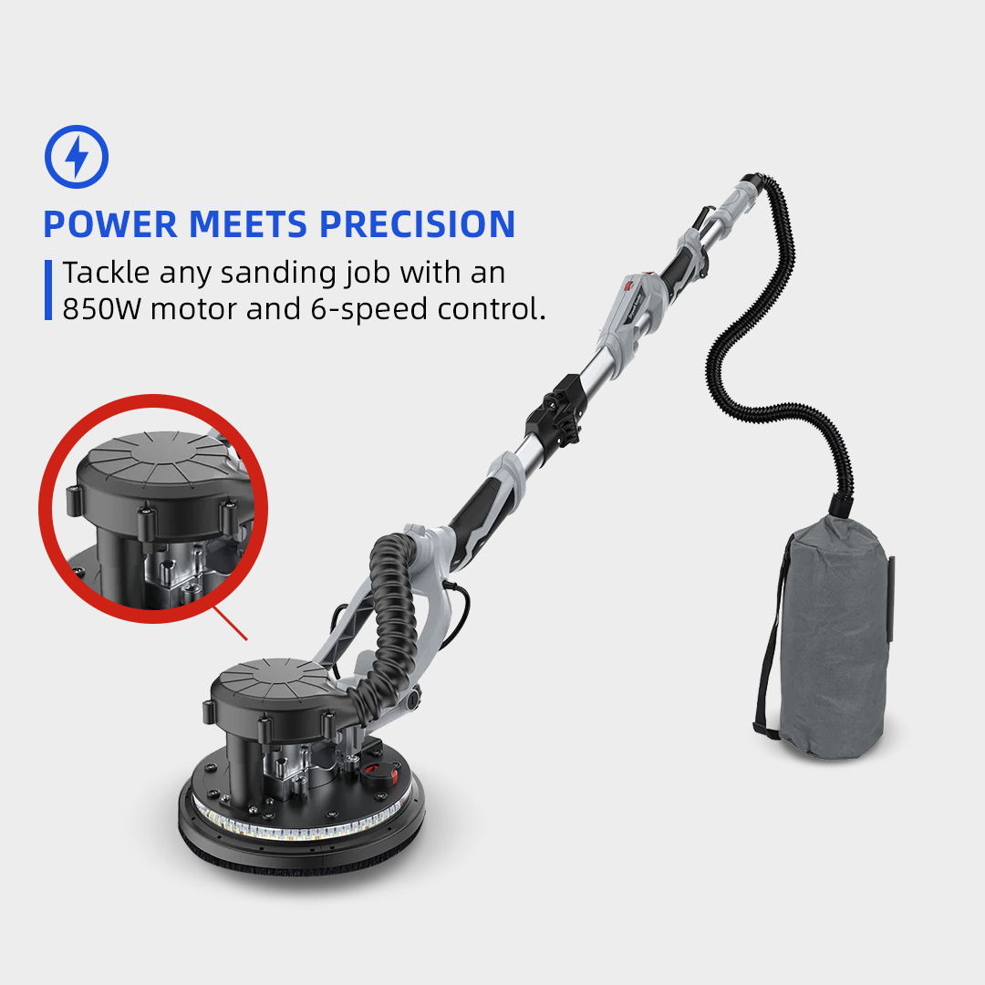 GARVEE Drywall Sander, 800W Electric Motor, 6.6ft Dust Hose, Variable Speed 800-1800RPM, LED Light, Extendable & Foldable Handle, 6 Pcs Sanding Discs, Carrying Bag