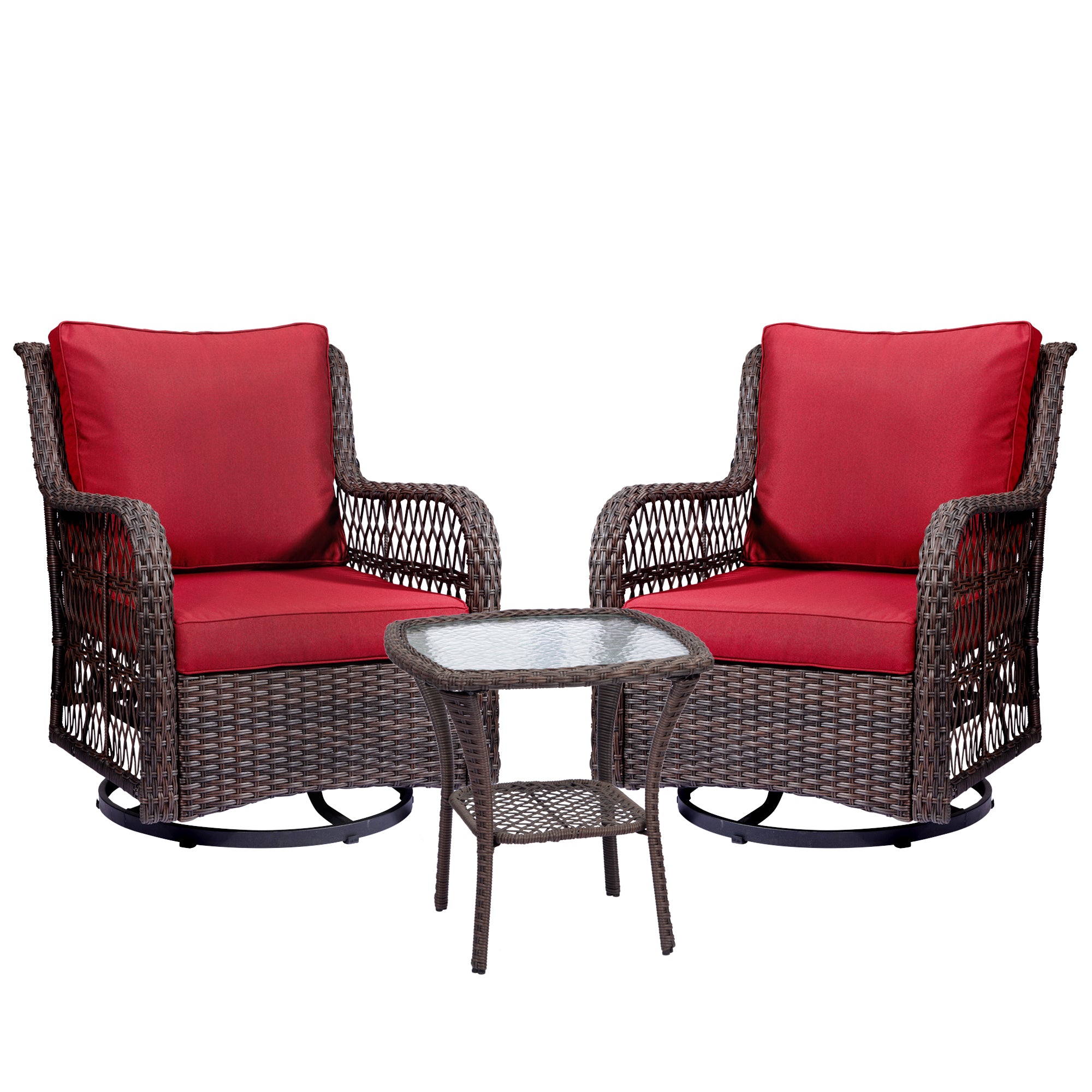 GARVEE 3 Pieces Rattan Swivel Rocking Chair Outdoor, Patio Bistro Conversation Furniture Set, Wicker Chair with Cushions and Table - Red