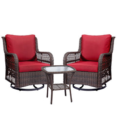 GARVEE 3 Pieces Rattan Swivel Rocking Chair Outdoor, Patio Bistro Conversation Furniture Set, Wicker Chair with Cushions and Table - Red