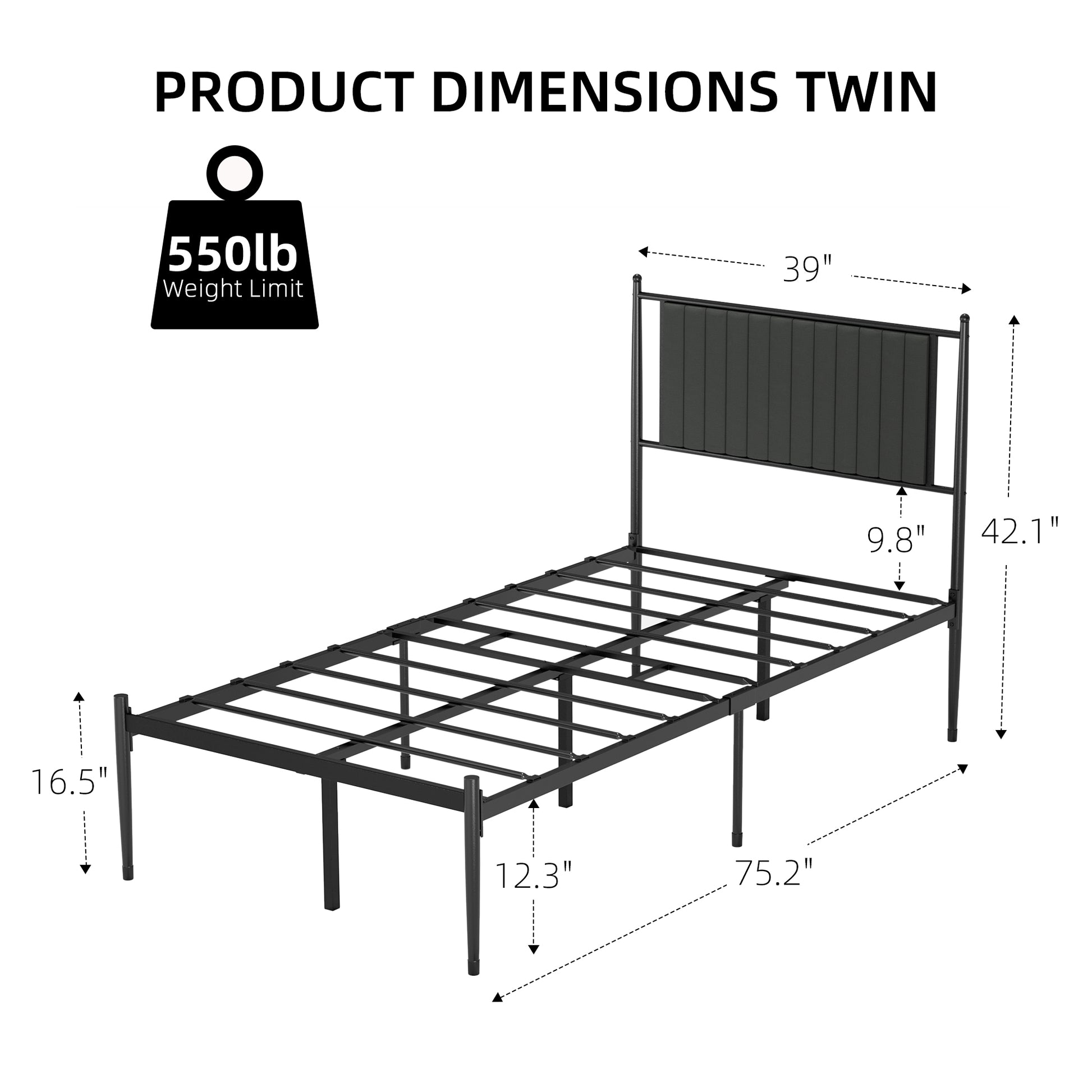 GARVEE Twin Size Metal Platform Bed Frame with Upholstered Headboard, Bed Frame Mattress Foundation with Slat Support and 12.3" Storage Height No Box Spring Needed for Girl Boy Adults Black