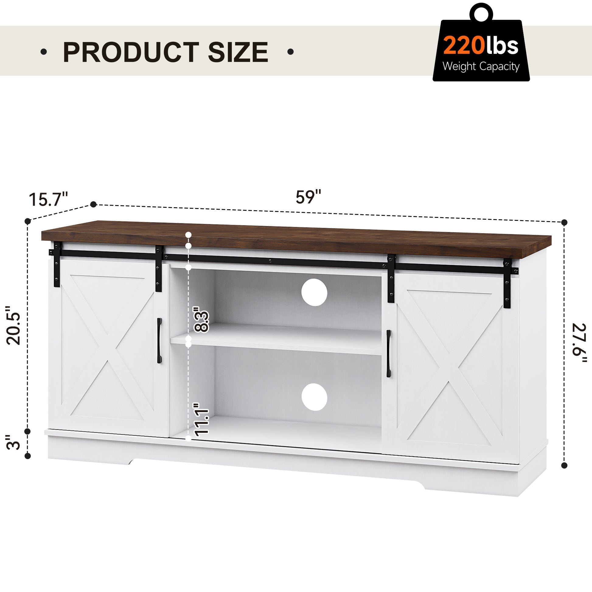 GARVEE 59 inch Farmhouse TV Stand, Cabinet with Barn Doors, Wood Media Console for Living Bedroom, 250 lbs Capacity, White