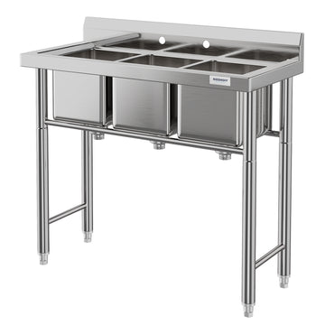 GARVEE Stainless Steel Utility Sink,39"x 17.6" x 33.7",3 Compartments Kitchen Sink with Drainboard,Suitable for Laundry Room,Kitchen,Garage,Backyard,Dining Room 3 Compartments One Size