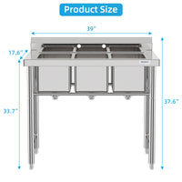 GARVEE Stainless Steel Utility Sink,39"x 17.6" x 33.7",3 Compartments Kitchen Sink with Drainboard,Suitable for Laundry Room,Kitchen,Garage,Backyard,Dining Room 3 Compartments One Size