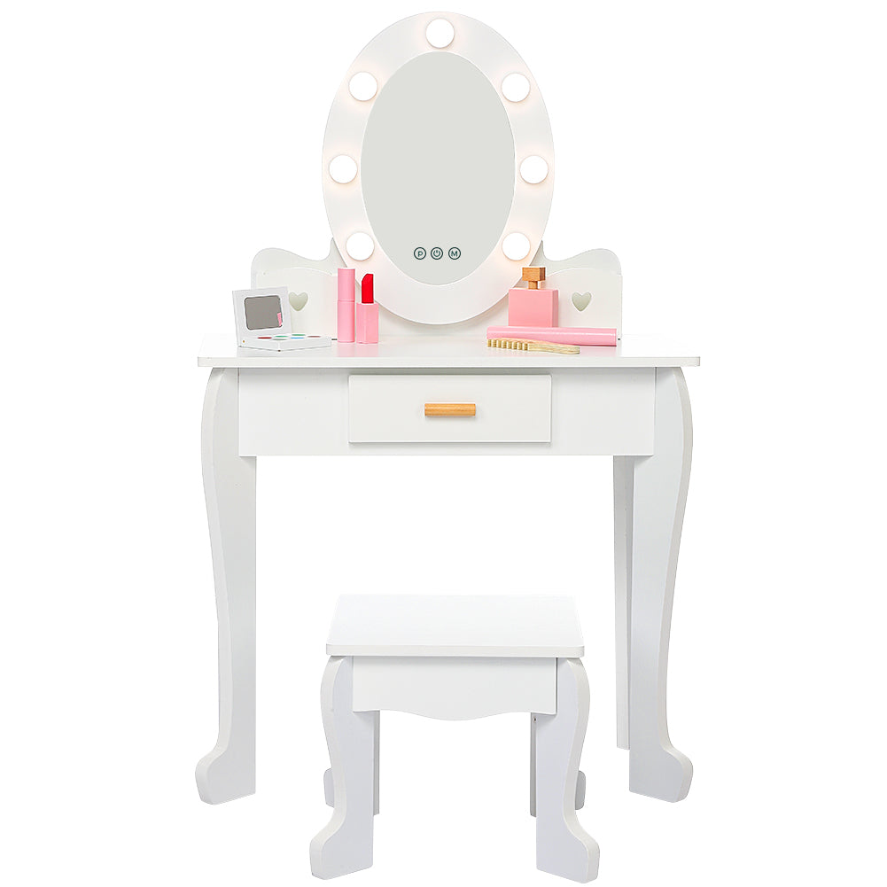 GARVEE Kids' Vanity Table and Chair Set with Mirror, Cirls' Makeup Dressing Table with Touch Lights & Wood Makeup Playset, Pretend Play, Princess Vanity Table for kids, Toddlers, Age 4-9, White