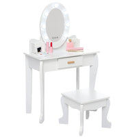 GARVEE Kids' Vanity Table and Chair Set with Mirror, Cirls' Makeup Dressing Table with Touch Lights & Wood Makeup Playset, Pretend Play, Princess Vanity Table for kids, Toddlers, Age 4-9, White