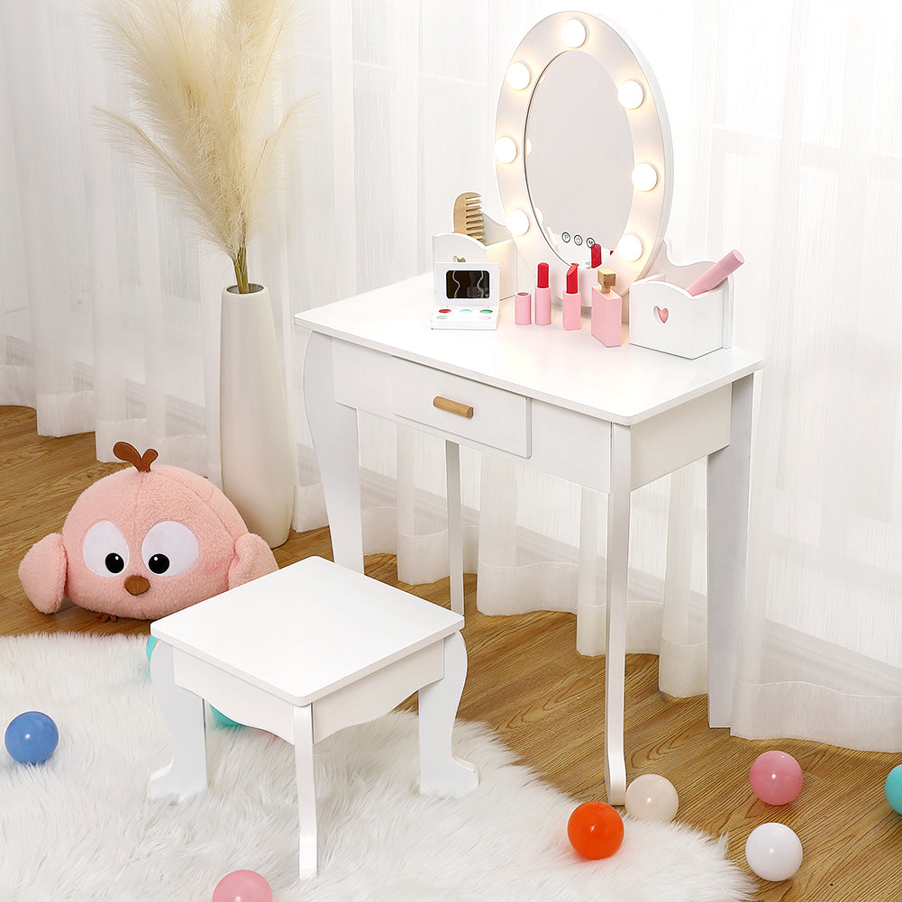 GARVEE Kids' Vanity Table and Chair Set with Mirror, Cirls' Makeup Dressing Table with Touch Lights & Wood Makeup Playset, Pretend Play, Princess Vanity Table for kids, Toddlers, Age 4-9, White