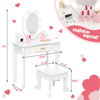 GARVEE Kids' Vanity Table and Chair Set with Mirror, Cirls' Makeup Dressing Table with Touch Lights & Wood Makeup Playset, Pretend Play, Princess Vanity Table for kids, Toddlers, Age 4-9, White