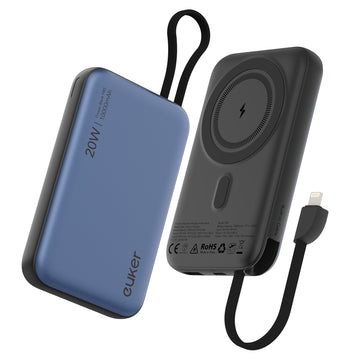 GARVEE Wireless Portable Charger with Built in Cable， 10000mAh Magnetic Power Bank PD 20W Mag-Safe Battery Pack for iPhone 14/13/12