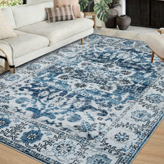 GARVEE Area Rug 8x10 for Living Room Blue Boho Rug Non-Slip Washable Rug Washable Vintage Rug Low Pile Large Rug for Bedroom Dining Room Non-Slip Non-Shedding Low-Pile Indoor Soft Rugs