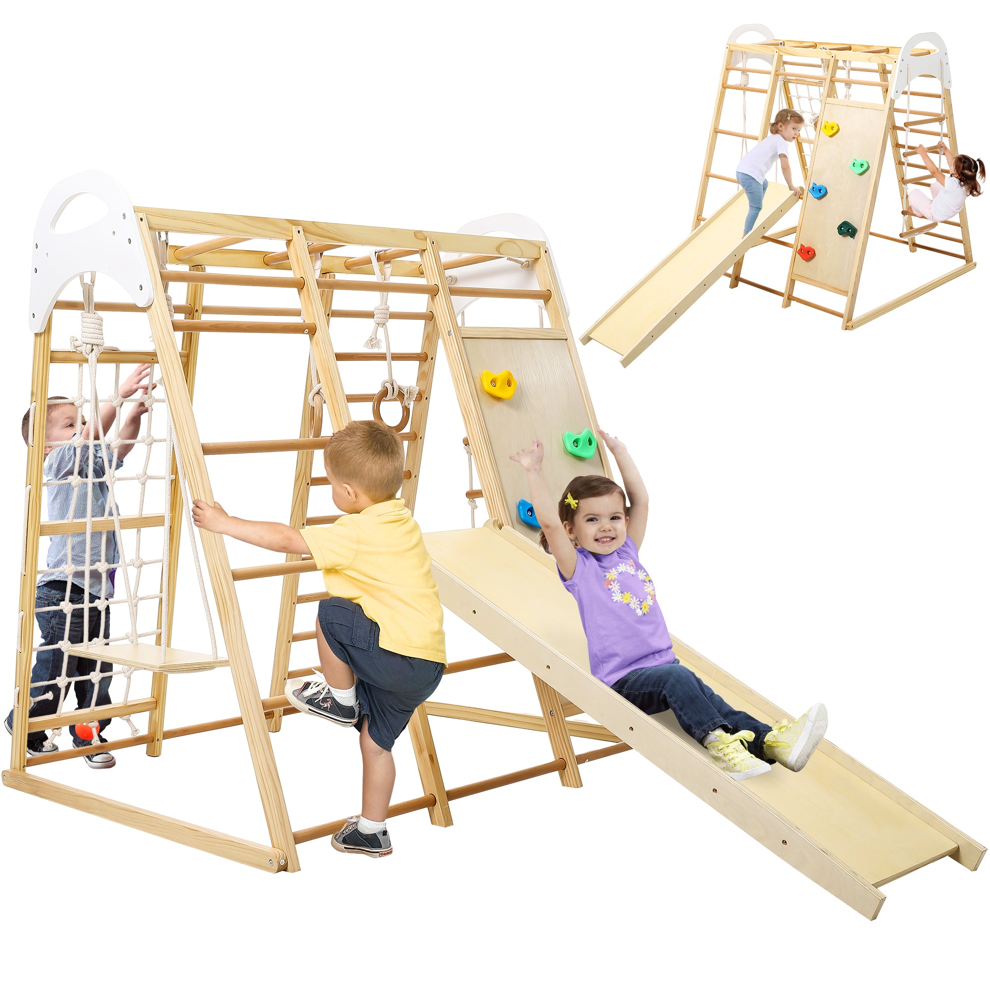 Jungle Gym for Toddlers - 8 in 1 Wooden Gym Playset with Swing, Monkey Bar, Rings, Climbing Structure for Indoor Climbing and Sliding Fun