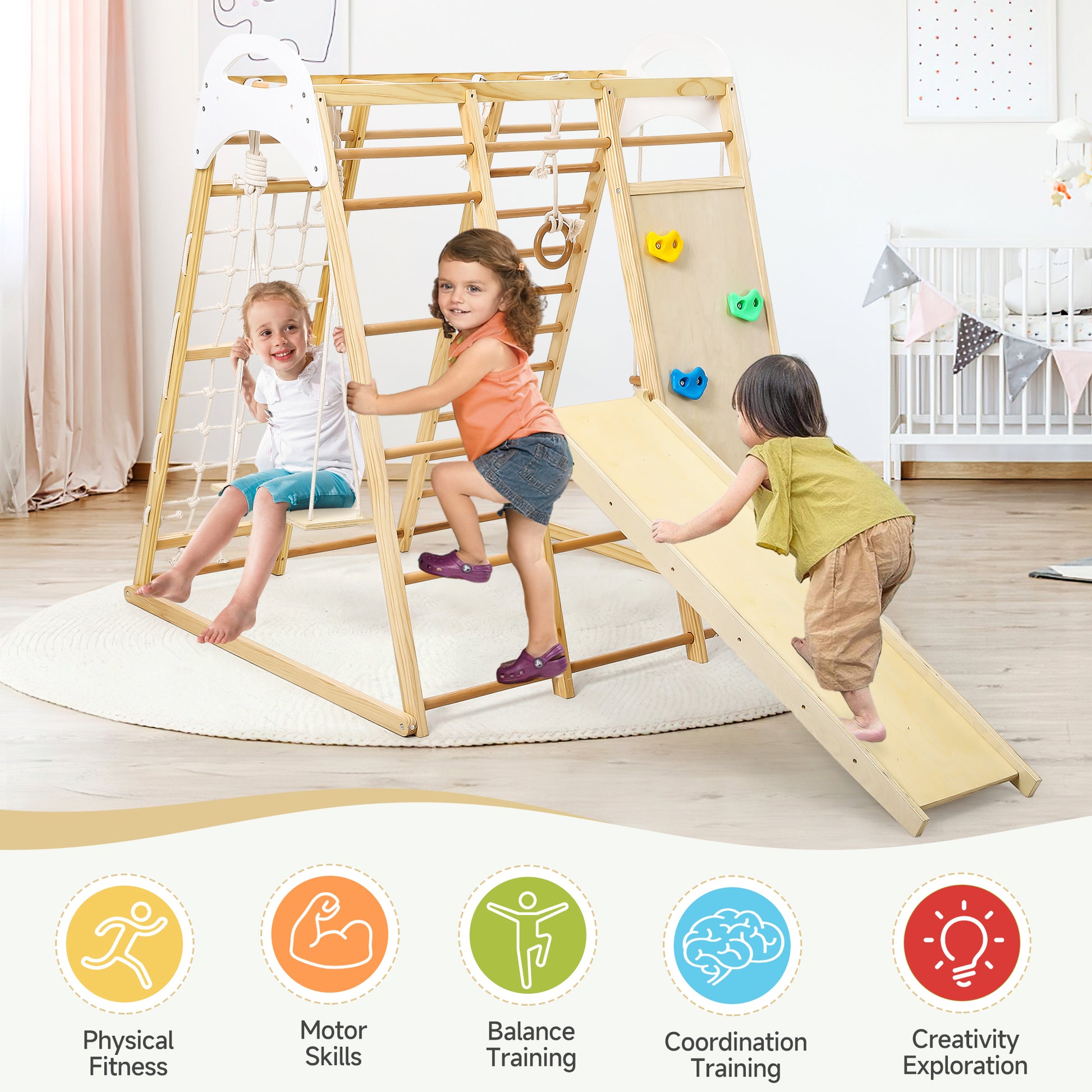 Jungle Gym for Toddlers - 8 in 1 Wooden Gym Playset with Swing, Monkey Bar, Rings, Climbing Structure for Indoor Climbing and Sliding Fun