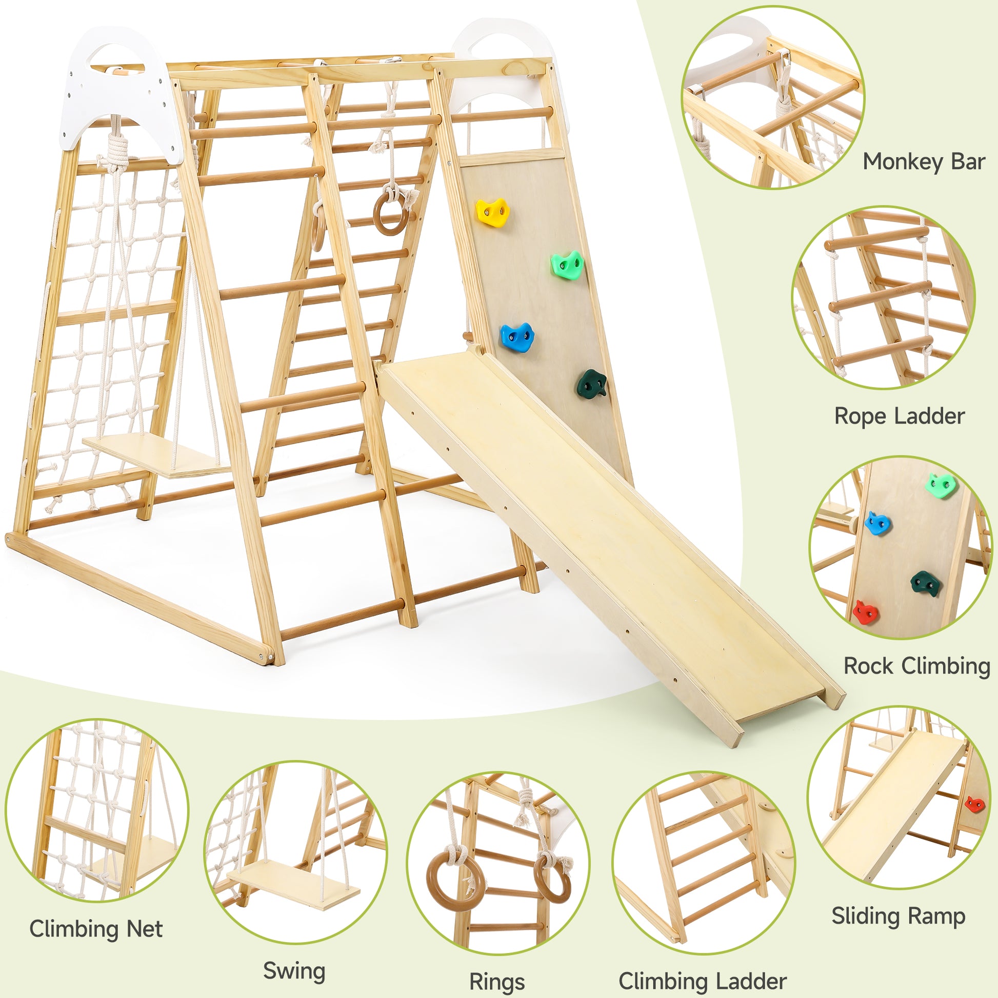 Jungle Gym for Toddlers - 8 in 1 Wooden Gym Playset with Swing, Monkey Bar, Rings, Climbing Structure for Indoor Climbing and Sliding Fun