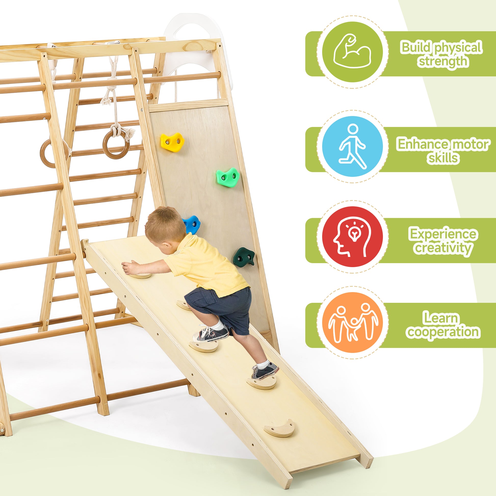 Jungle Gym for Toddlers - 8 in 1 Wooden Gym Playset with Swing, Monkey Bar, Rings, Climbing Structure for Indoor Climbing and Sliding Fun