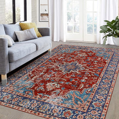 GARVEE Washable Area Rug Vintage Distressed Living Room Rug Non-Slip Stain Resistant Traditional Medallion Accent Rug Indoor Floor Carpet for Bedroom Entryway Laundry Room, 4' x 6', Red