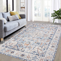 GARVEE Washable Area Rug Vintage Distressed Living Room Rug Non-Slip Stain Resistant Traditional Medallion Accent Rug Indoor Floor Carpet for Bedroom Entryway Laundry Room, 4' x 6', Blue