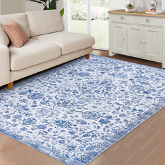 GARVEE 4x6 Rug for Living Room Washable Rugs Boho Rug for Bedroom Vintage Rug Non Slip Carpet Floral Throw Rugs Stain Resistant Office Rug Classroom Rug 4'x6' Blue