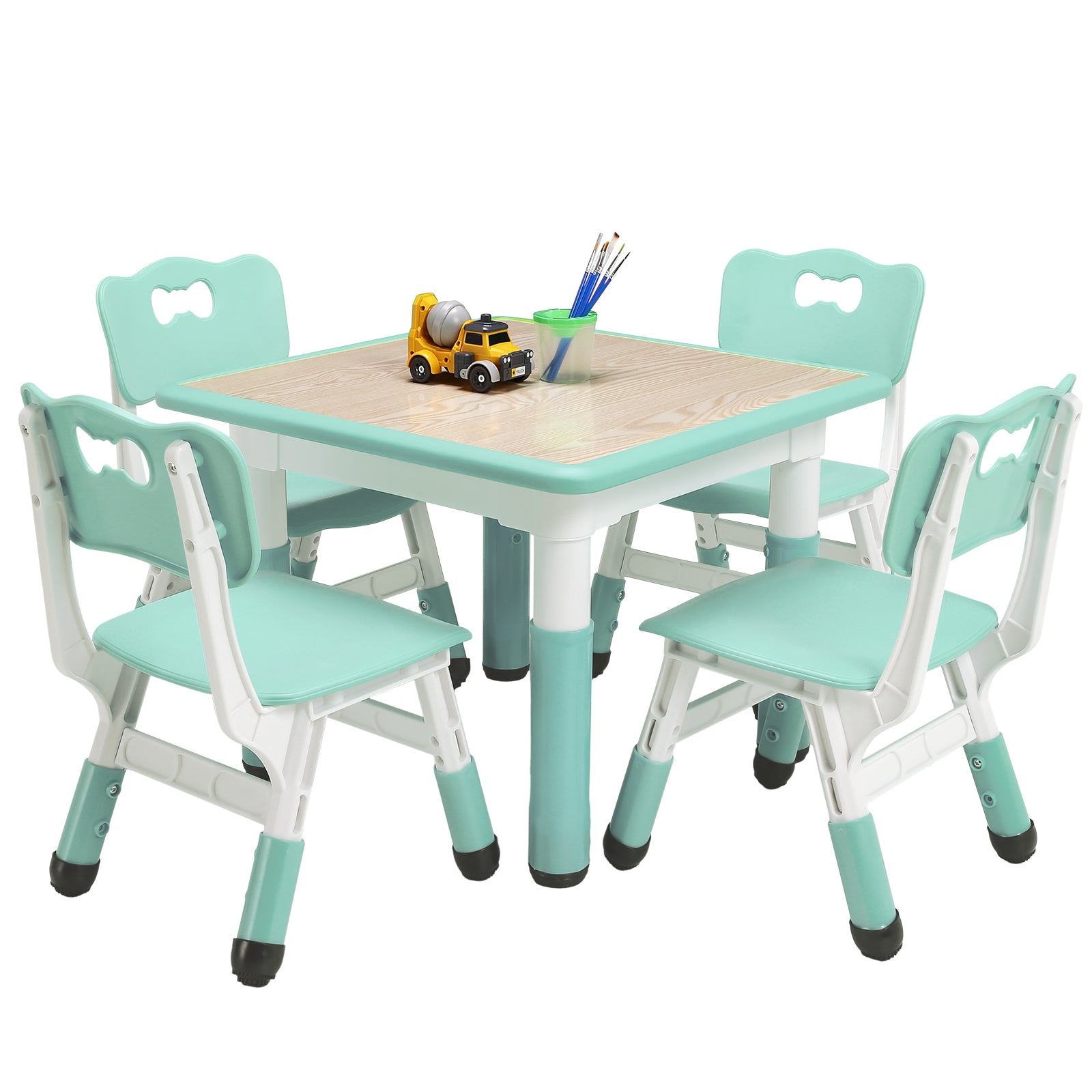 GARVEE Square Kids Table and Chairs Set, 60 x 60CM, Height Adjustable Desk with 4 Seats, Graffiti Desktop, Non-Slip Legs, Multi-Activity Table for Classrooms Daycares Home - Light Blue Color