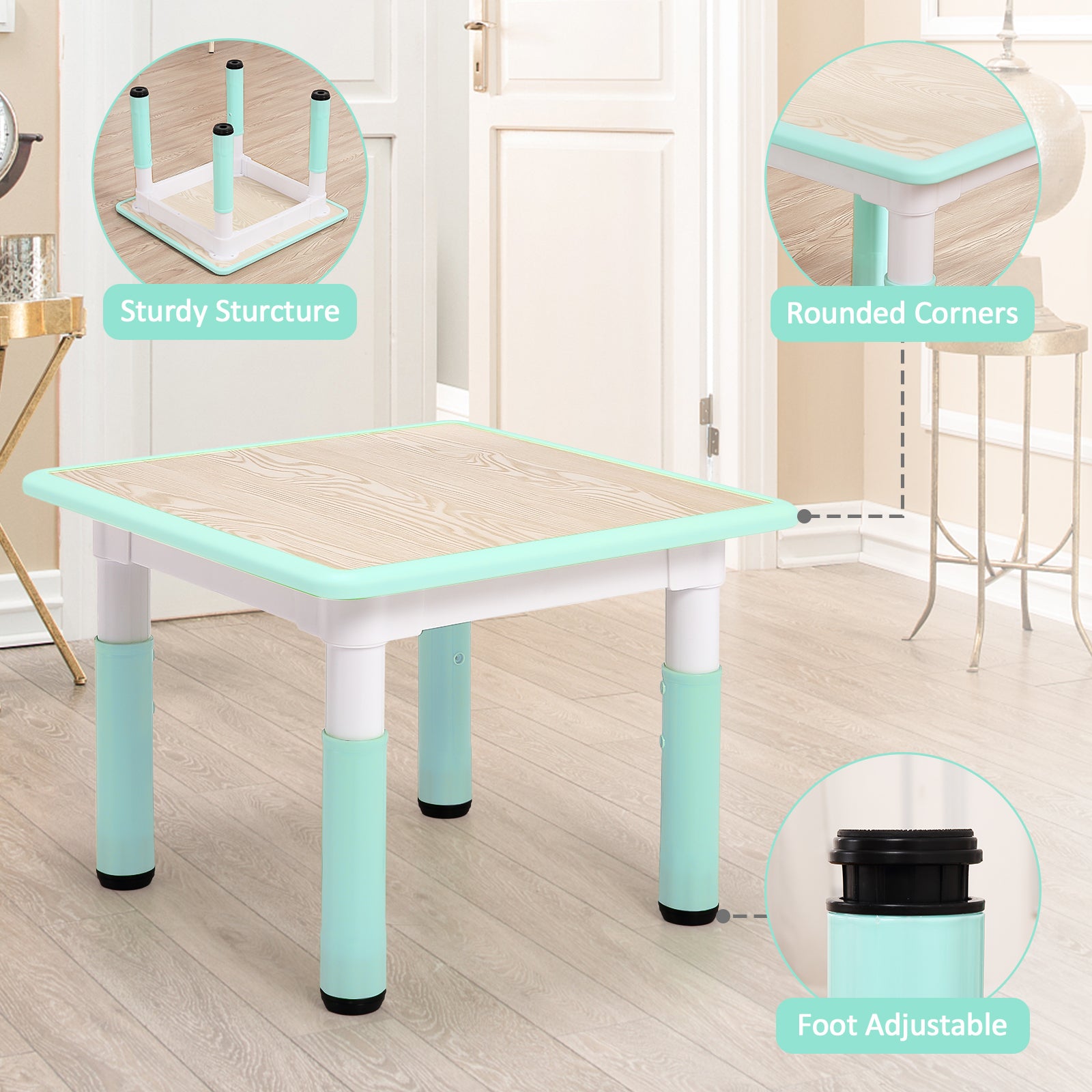 GARVEE Square Kids Table and Chairs Set, 60 x 60CM, Height Adjustable Desk with 4 Seats, Graffiti Desktop, Non-Slip Legs, Multi-Activity Table for Classrooms Daycares Home - Light Blue Color