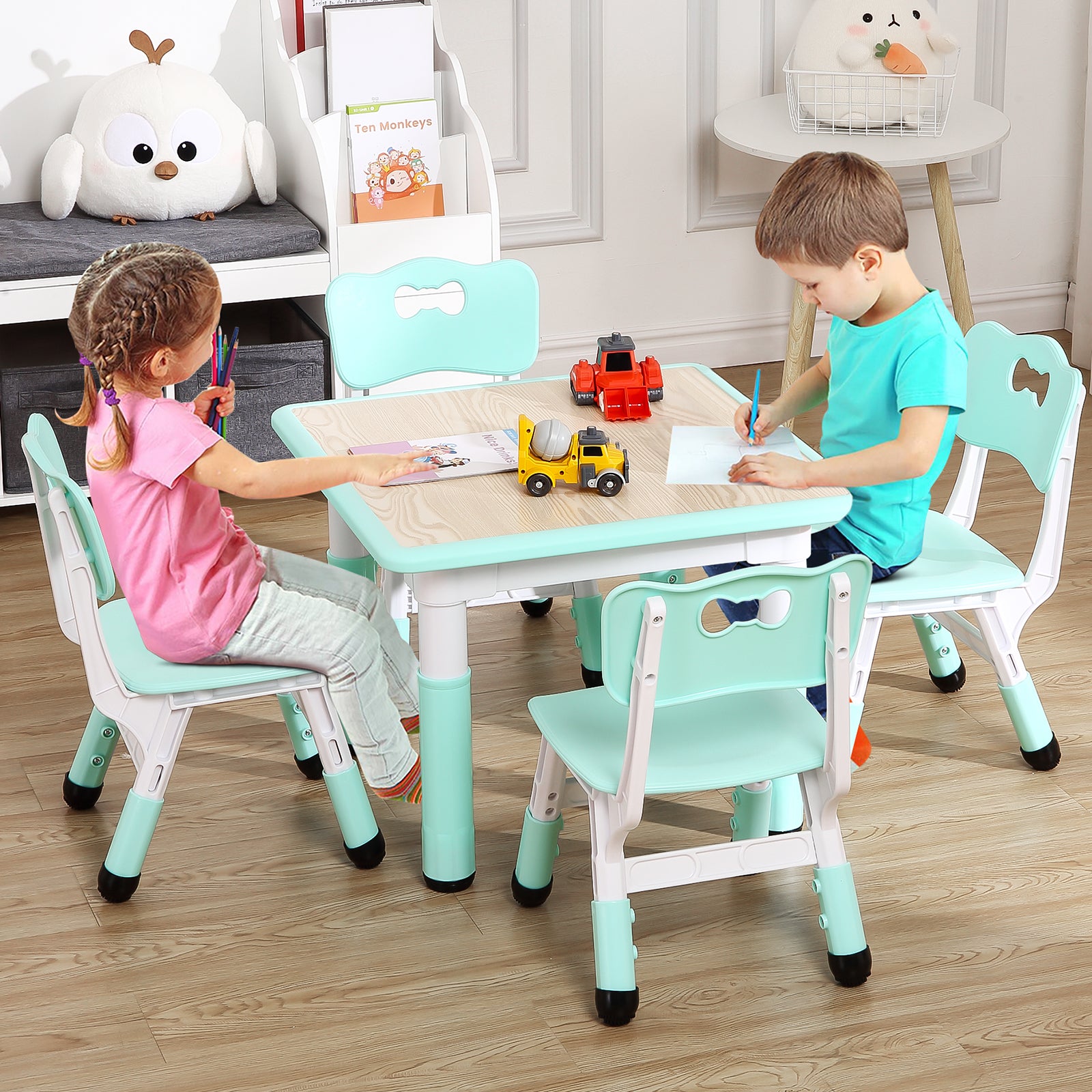 GARVEE Square Kids Table and Chairs Set, 60 x 60CM, Height Adjustable Desk with 4 Seats, Graffiti Desktop, Non-Slip Legs, Multi-Activity Table for Classrooms Daycares Home - Light Blue Color