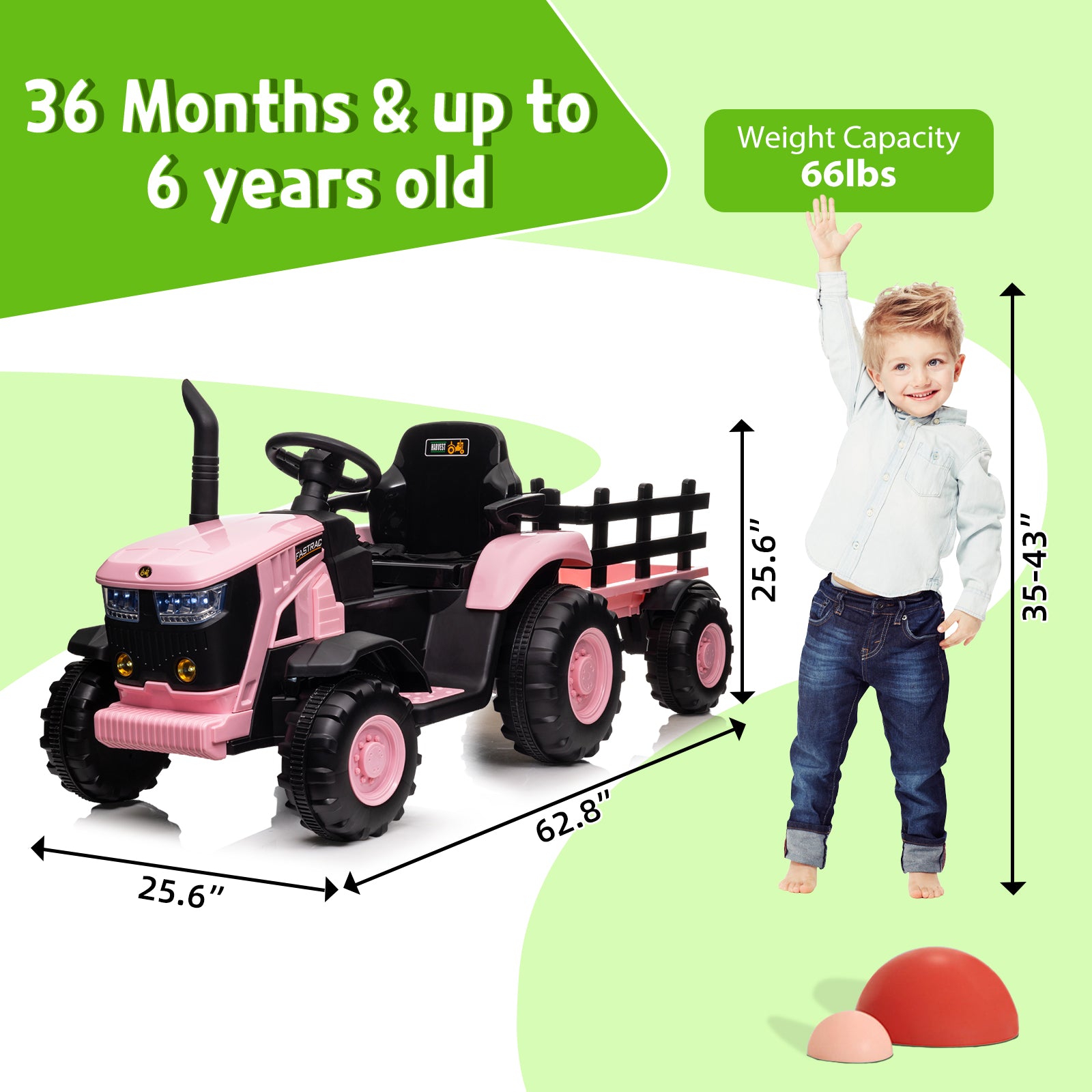 GARVEE 12V Remote Control Tractor for Kids with 7-LED & Safety Belt - Pink