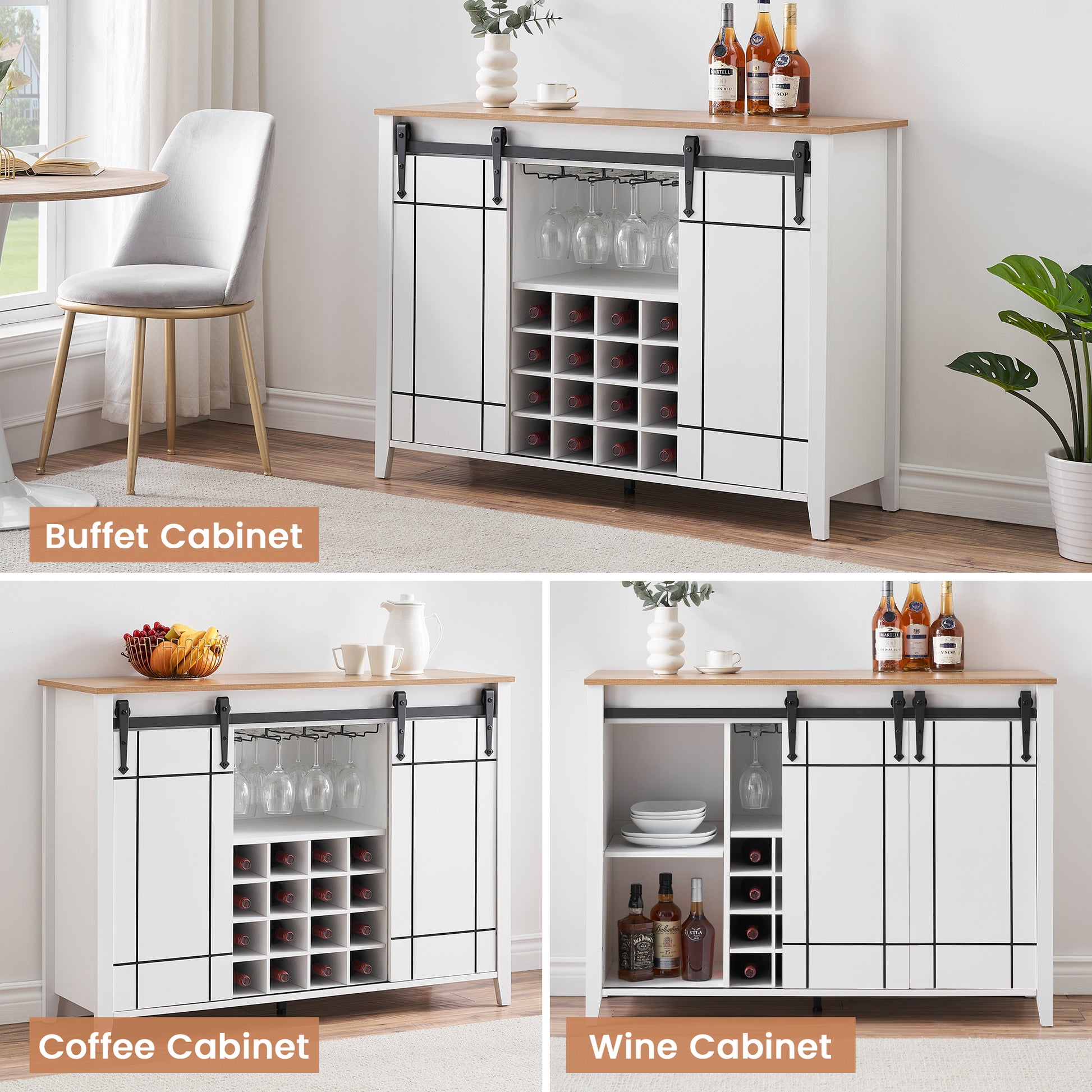 Garvee Farmhouse Coffee Bar Cabinet with Storage, 47’’ Wine Bar Cabinet with Sliding Barn Door, Buffet Sideboard Cabinet with 16 Bottle Wine Rack for Dining, Living Room, Antique White