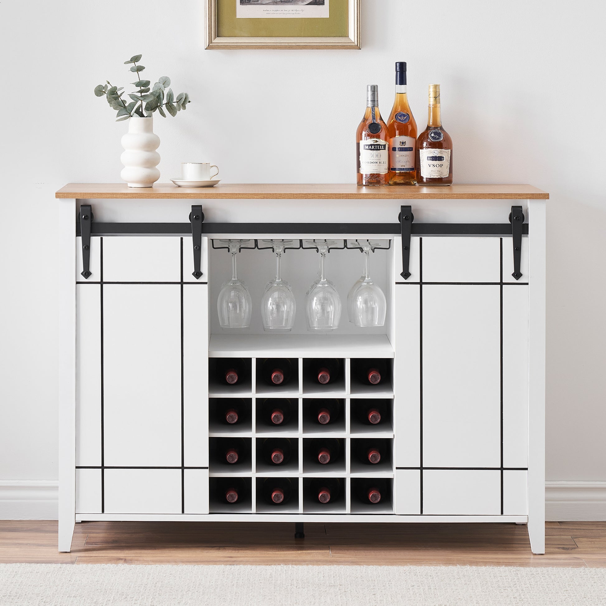 Garvee Farmhouse Coffee Bar Cabinet with Storage, 47’’ Wine Bar Cabinet with Sliding Barn Door, Buffet Sideboard Cabinet with 16 Bottle Wine Rack for Dining, Living Room, Antique White