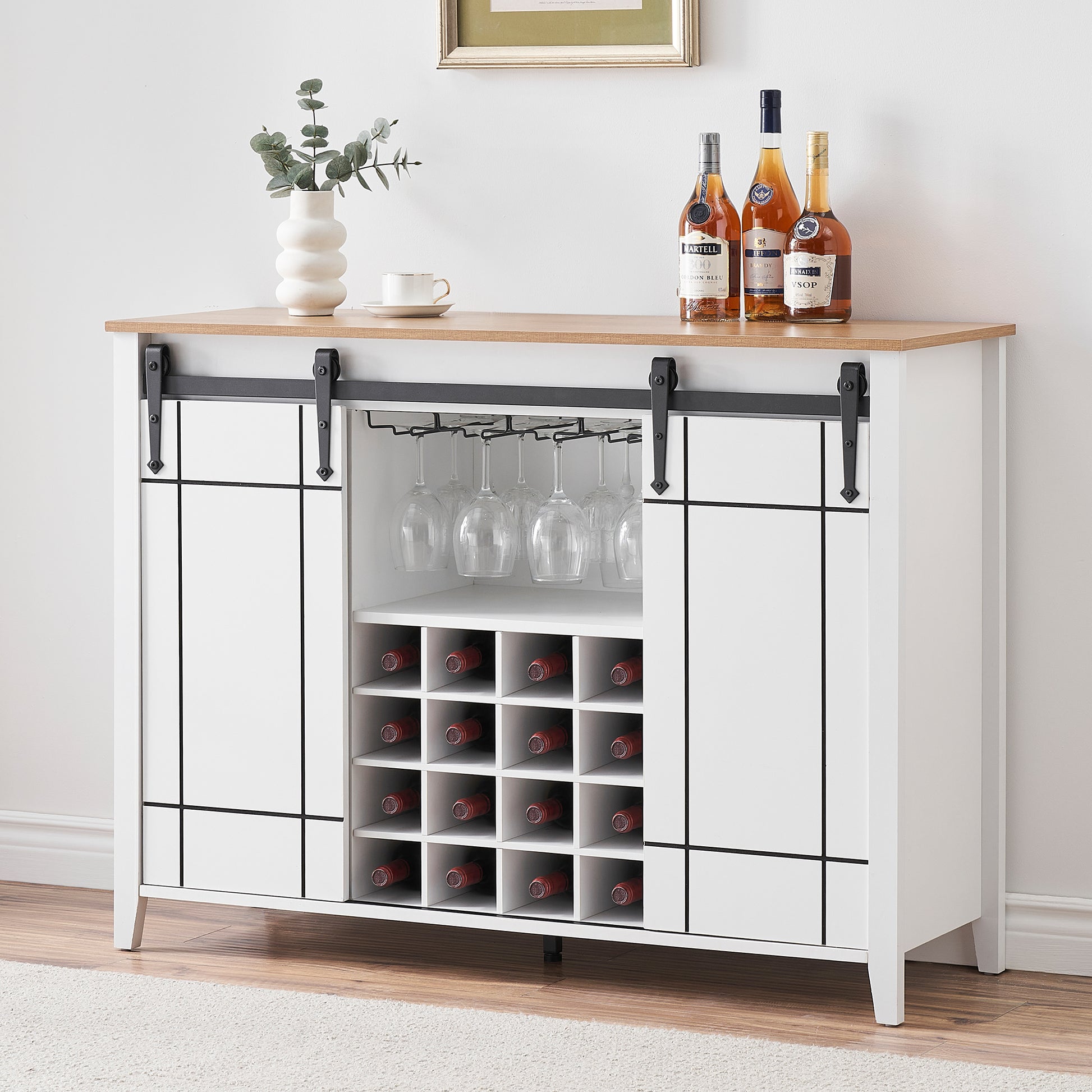 Garvee Farmhouse Coffee Bar Cabinet with Storage, 47’’ Wine Bar Cabinet with Sliding Barn Door, Buffet Sideboard Cabinet with 16 Bottle Wine Rack for Dining, Living Room, Antique White