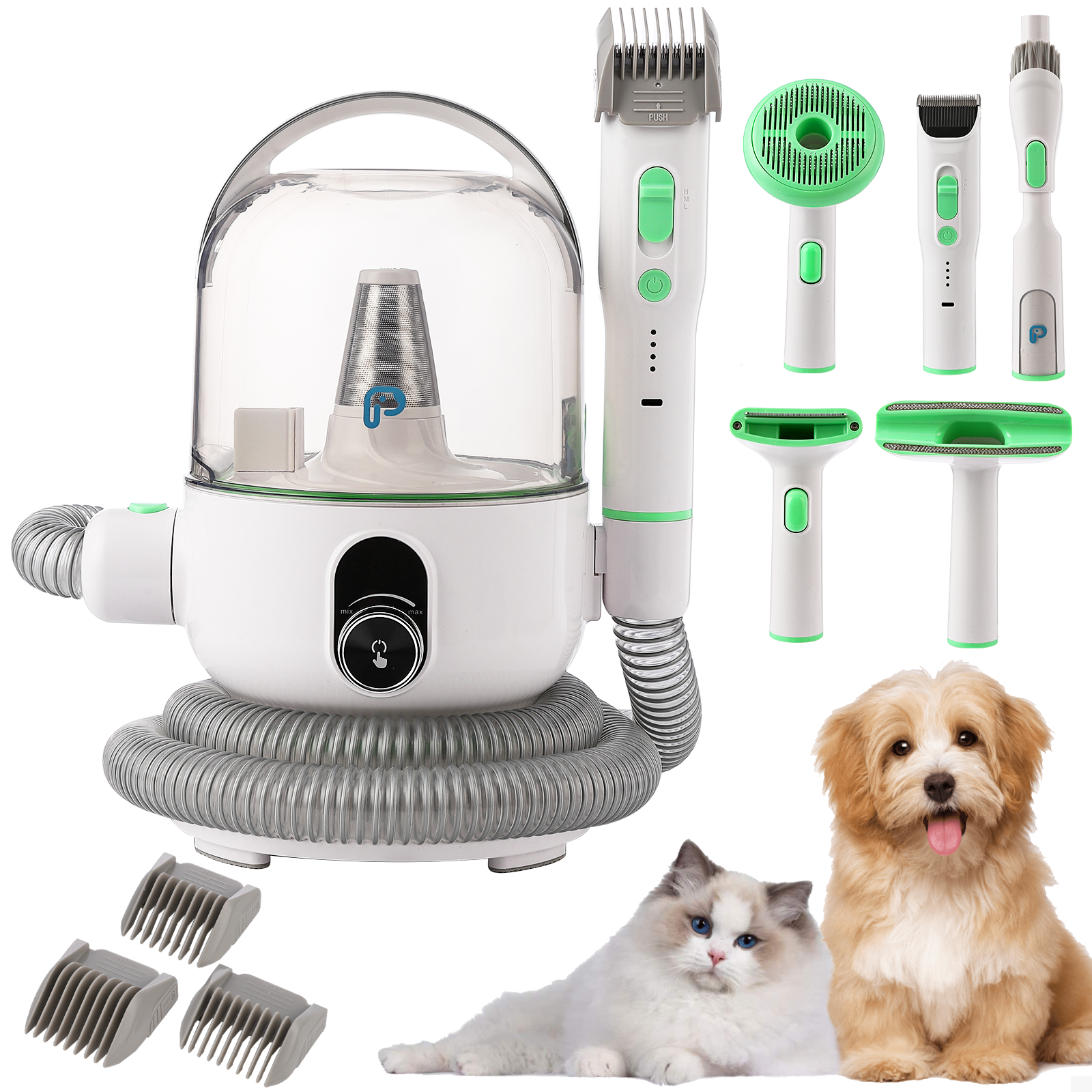 GARVEE Pet Grooming Vacuum Kit, 16-Level Suction, 2L Dustbin, Low Noise Dog Hair Remover with 4 Combs, Green