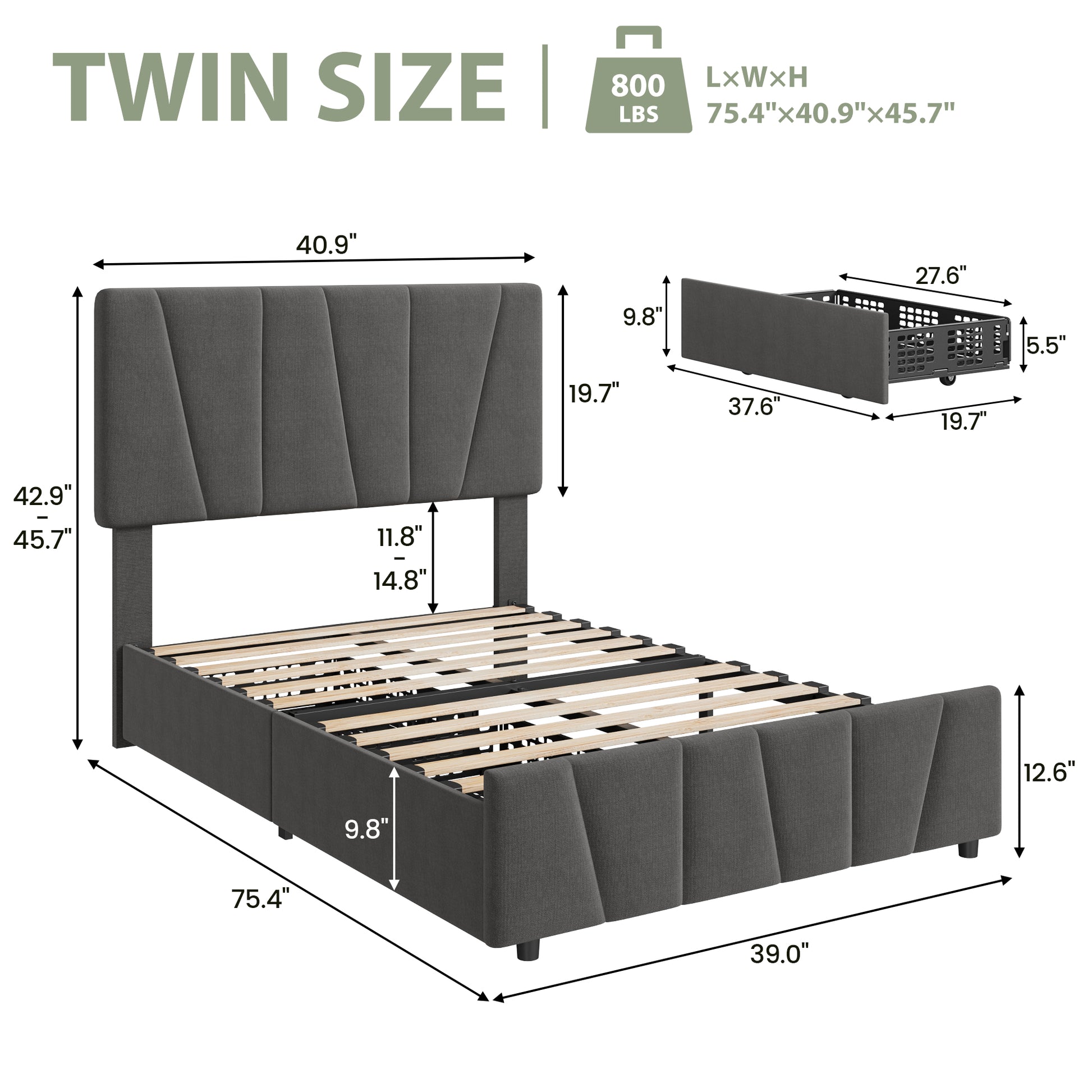 GARVEE Twin Size Bed Frame with Adjustable Headboard and 2 Storage Drawers, Upholstered Platform Bed Frame with Wooden Slats Support, No Box Spring Needed, Dark Grey (Twin)