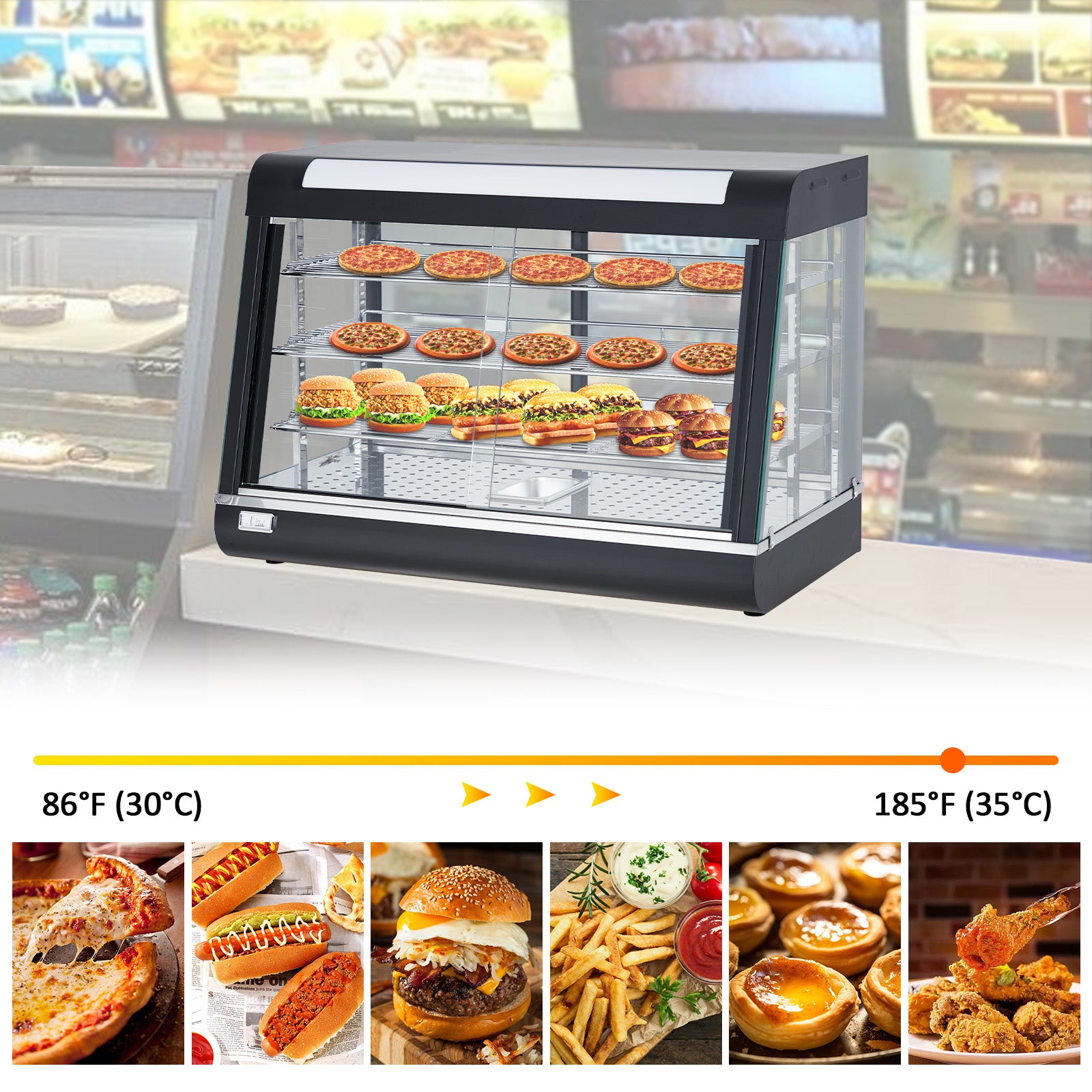 GARVEE 14-Inch 3-Tier Commercial Food Warmer, 800W Countertop Pizza Warmer with LED Lighting & Removable Shelves Glass Door, Temperature Control Food Display Warmer, Pastry Display Case for Buffet Restaurant