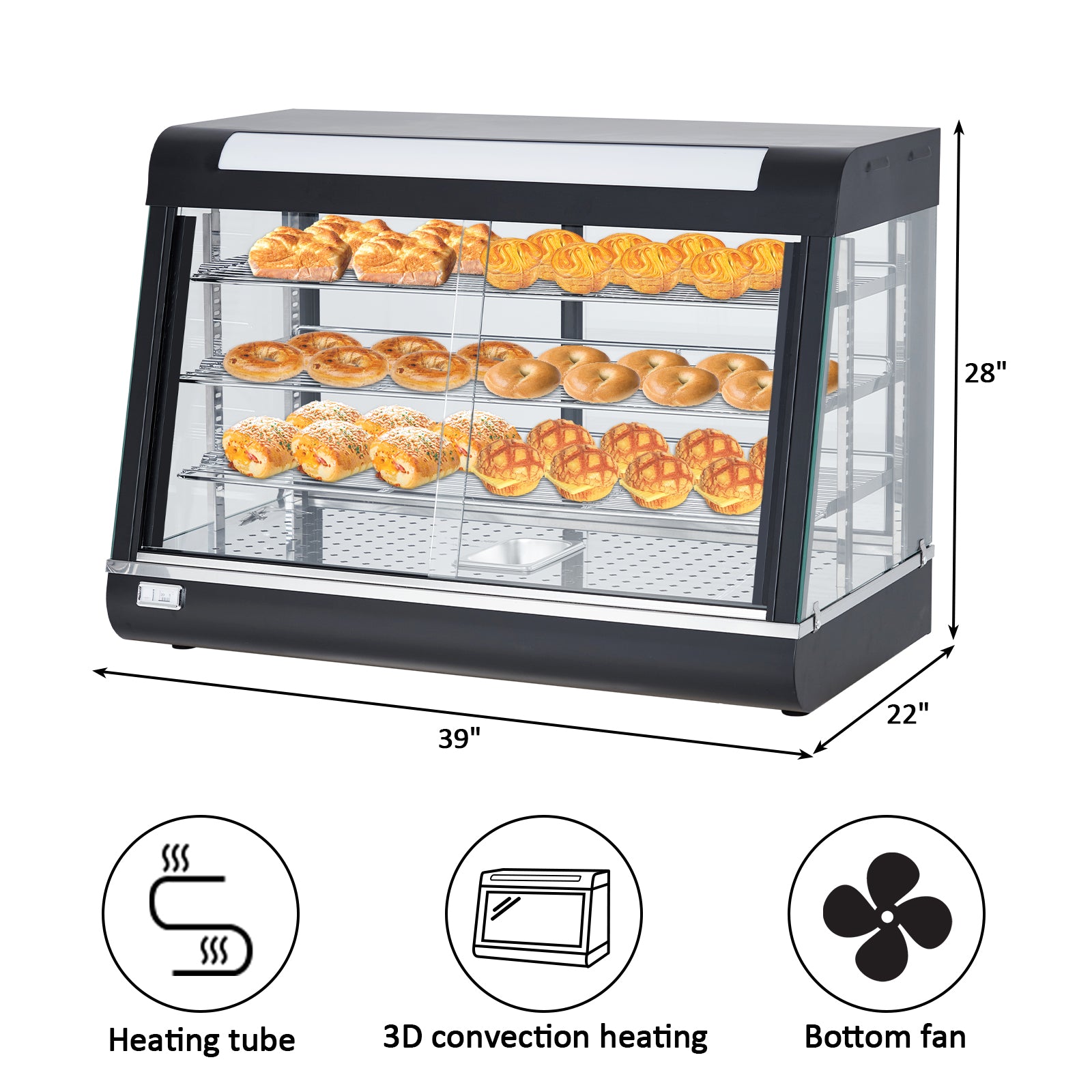 GARVEE 14-Inch 3-Tier Commercial Food Warmer, 800W Countertop Pizza Warmer with LED Lighting & Removable Shelves Glass Door, Temperature Control Food Display Warmer, Pastry Display Case for Buffet Restaurant