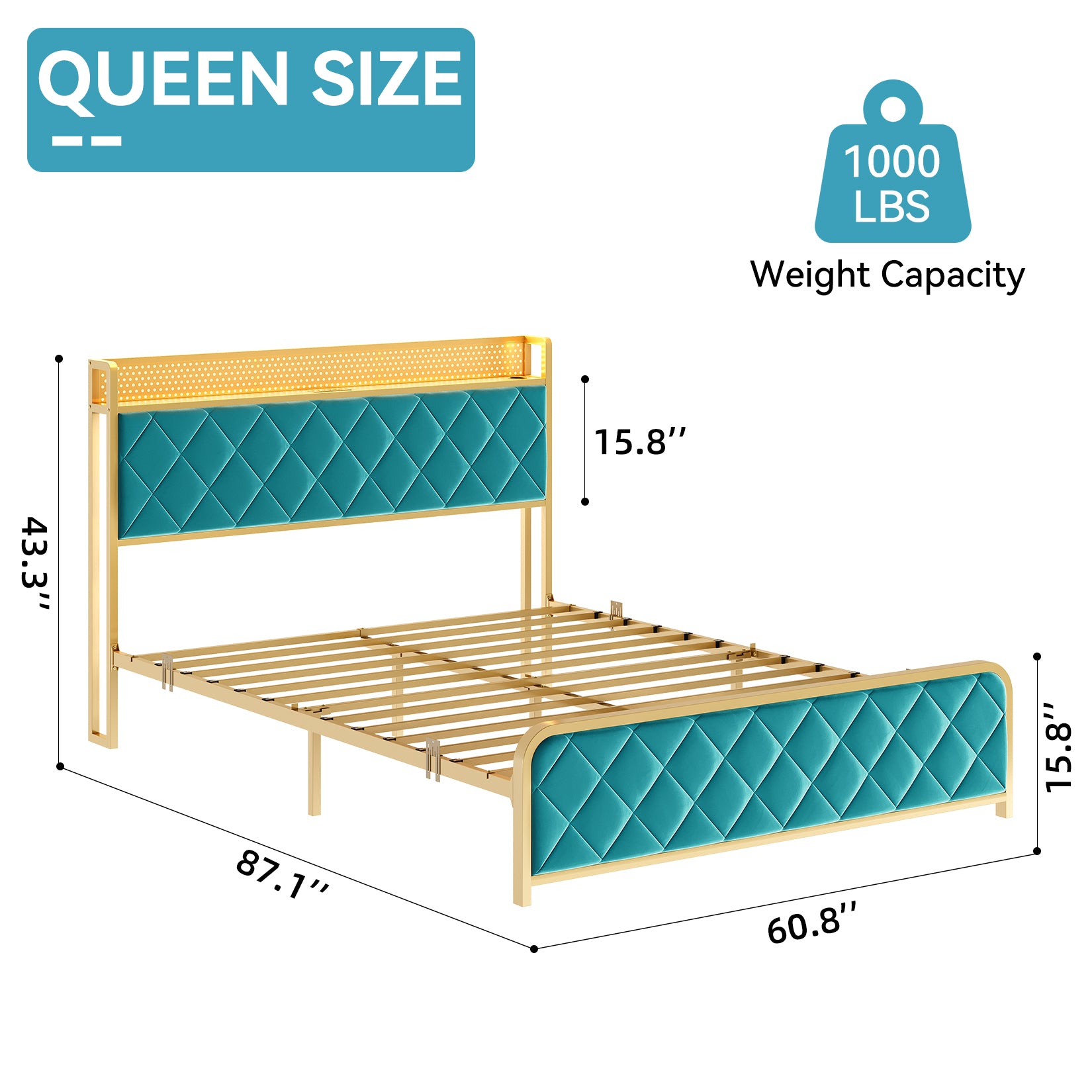 GARVEE Queen Size Bed Frame, Storage Headboard with Charging Station, Platform Bed with Velvet Backrest, No Box Spring Needed, Easy Assembly, Teal