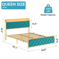 GARVEE Queen Size Bed Frame, Storage Headboard with Charging Station, Platform Bed with Velvet Backrest, No Box Spring Needed, Easy Assembly, Teal