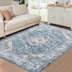 GARVEE 9x12 Area Rug Large Vintage Distressed Machine Washable Area Rug for Living Room Traditional Medallion Floral Non-Slip Stain Resistant Accent Rug Carpet for Home Decoration, Blue