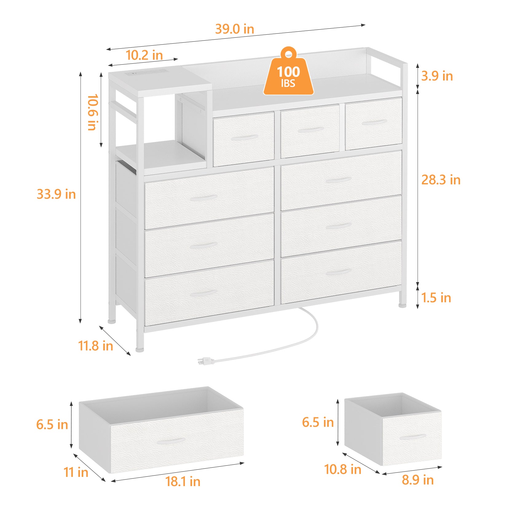 GARVEE TV Stand with Charging Station, Bedroom Dresser for Living Room TV Stand with 9 Drawers, White