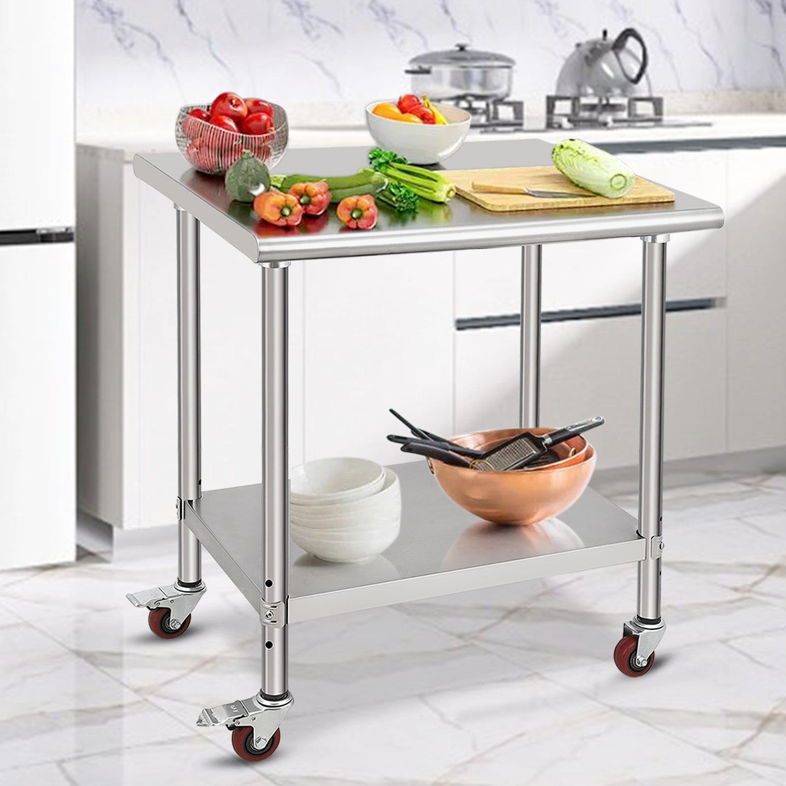 GARVEE Stainless 30x24x35 Inch Steel Work Table Heavy Duty with Caster Wheels Ideal for Food Prep Kitchen Restaurant Garage Commercial Use Silver