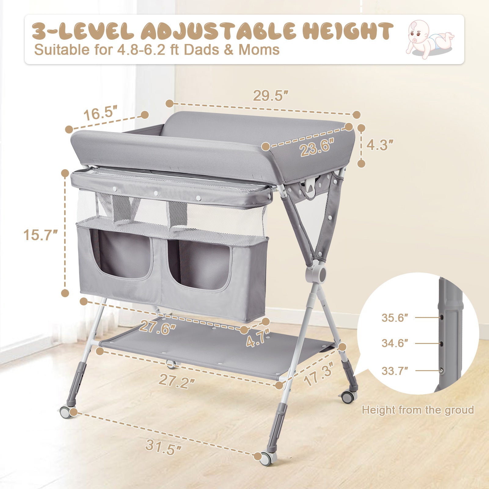 GARVEE Portable Baby Changing Table, GARVEE Foldable Diaper Change Table with Wheels, Adjustable Height, Cleaning Bucket, Changing Station for Infant Mobile Nursery Organizer for Newborn