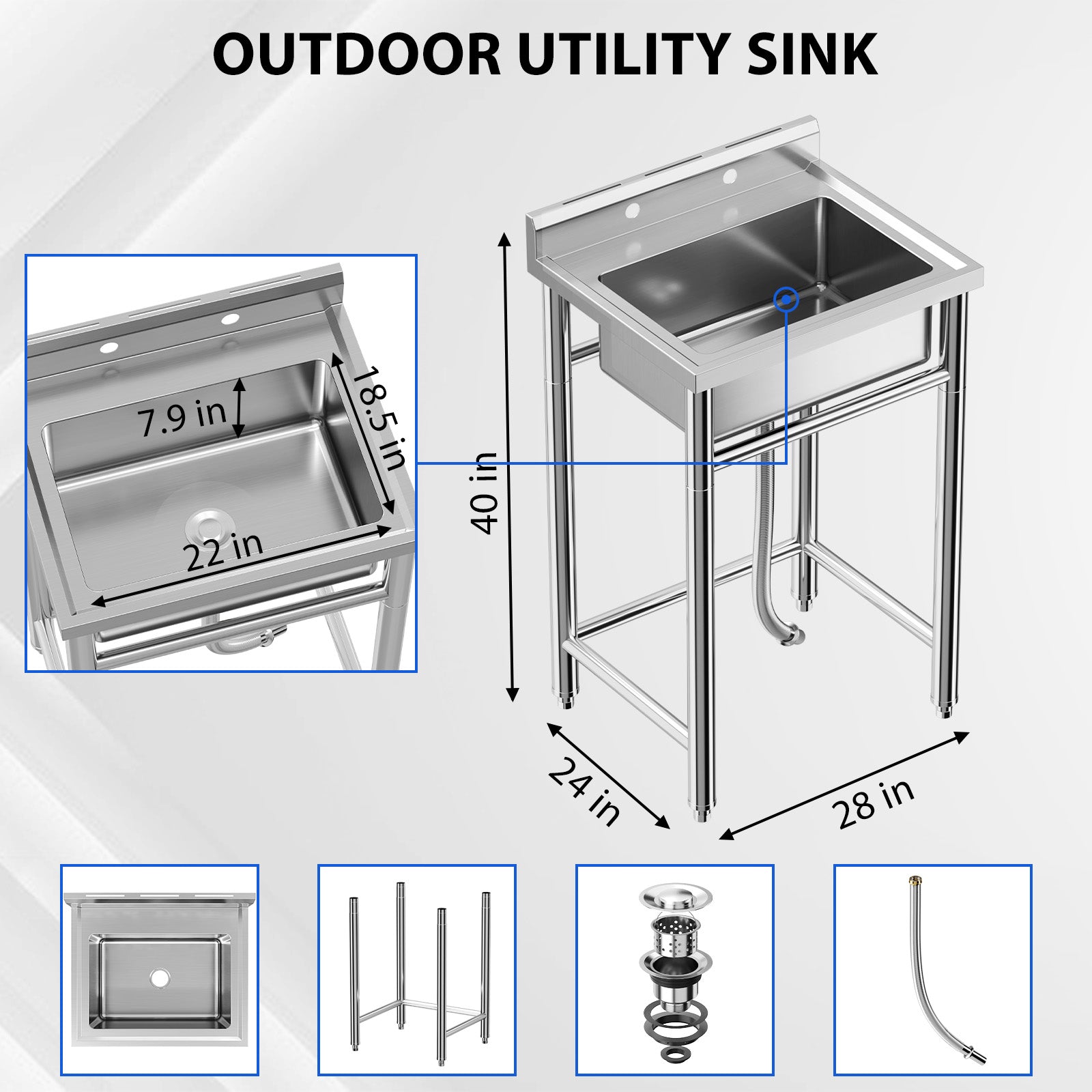 GARVEE Stainless Steel Utility Sink - 24" x 20" x 41" In Commercial Kitchen Sink, Free Standing Single Bowl, With Faucet, Design for Restaurant, Workshop, and Laundry.