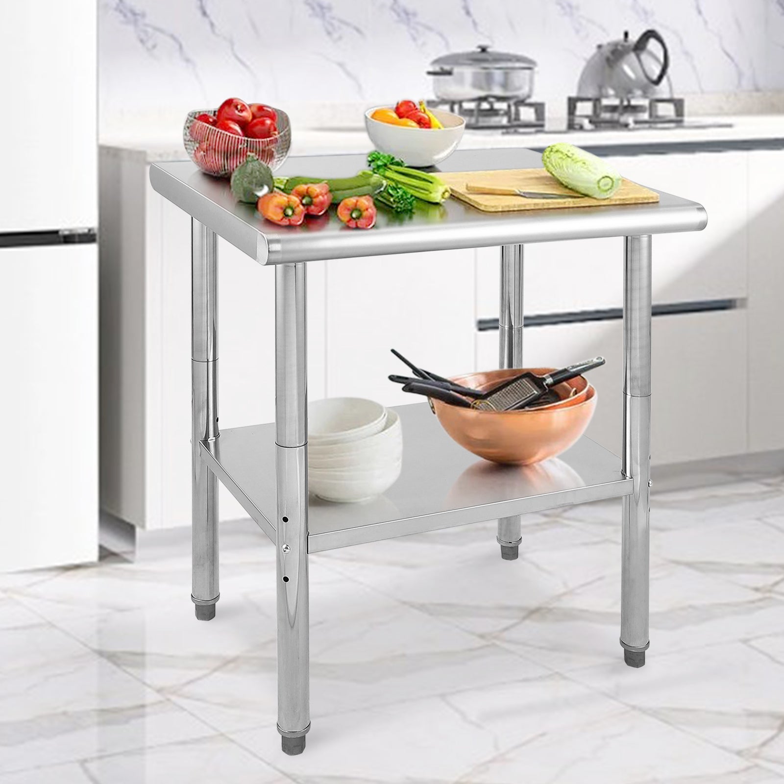 GARVEE Stainless Steel Food Prep Table, 30 x 24 x 35 Inches Heavy Duty Commercial Kitchen Metal Table with Adjustable Lower Shelf and Plastic Feet, Steel Work Prep Table for Restaurant Home Hotel