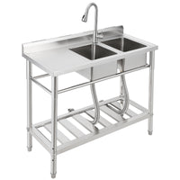 GARVEE Free Standing Sink With Faucet and Drainboard, Utility Stainless Steel Kitchen 2 Bowl Sink With Workbench, Station Sink With Storage Shelves, for Restaurant, Cafe, Bar, Hotel, Garage, Laundry Room