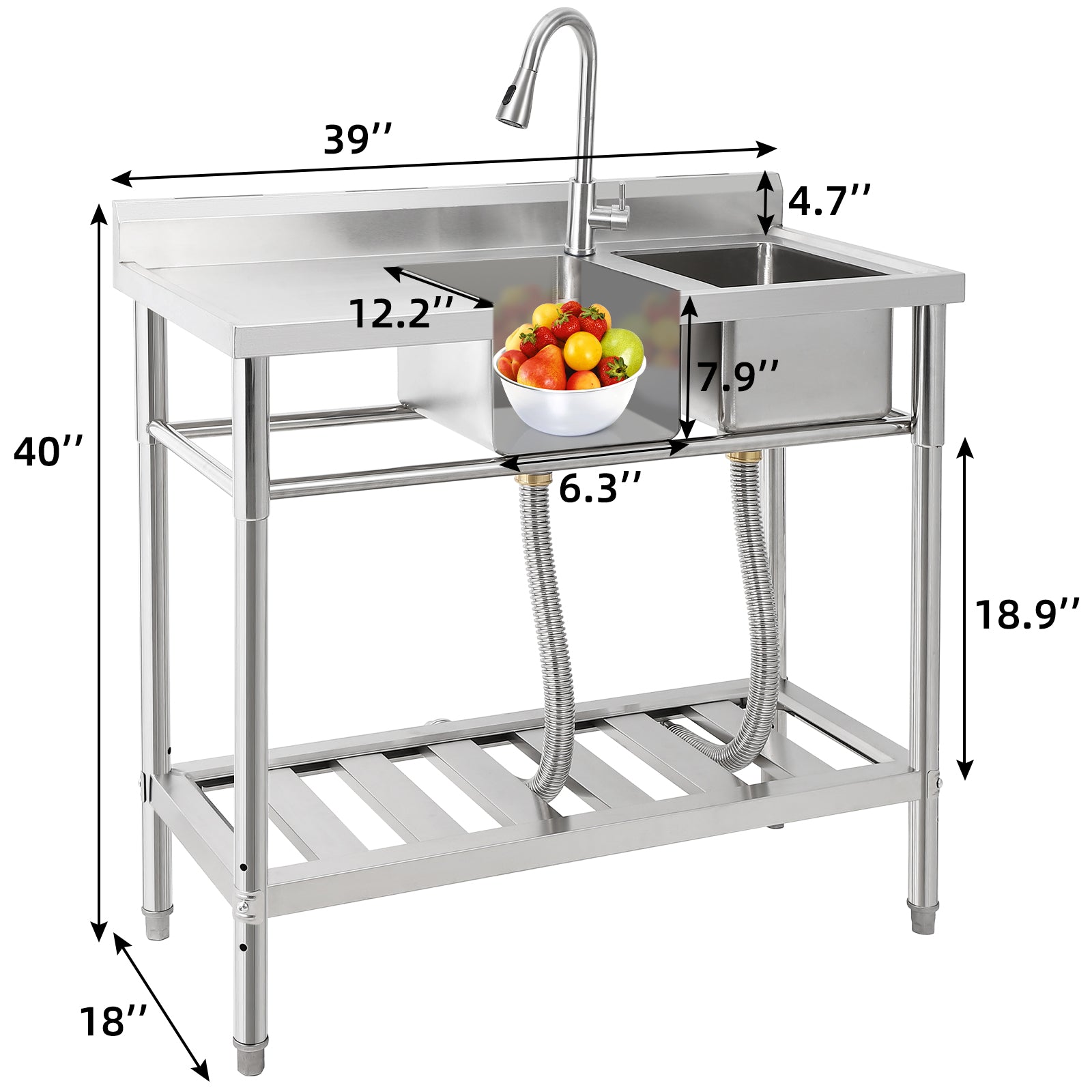 GARVEE Free Standing Sink With Faucet and Drainboard, Utility Stainless Steel Kitchen 2 Bowl Sink With Workbench, Station Sink With Storage Shelves, for Restaurant, Cafe, Bar, Hotel, Garage, Laundry Room