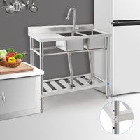 GARVEE Free Standing Sink With Faucet and Drainboard, Utility Stainless Steel Kitchen 2 Bowl Sink With Workbench, Station Sink With Storage Shelves, for Restaurant, Cafe, Bar, Hotel, Garage, Laundry Room