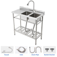 GARVEE Free Standing Sink With Faucet and Drainboard, Utility Stainless Steel Kitchen 2 Bowl Sink With Workbench, Station Sink With Storage Shelves, for Restaurant, Cafe, Bar, Hotel, Garage, Laundry Room