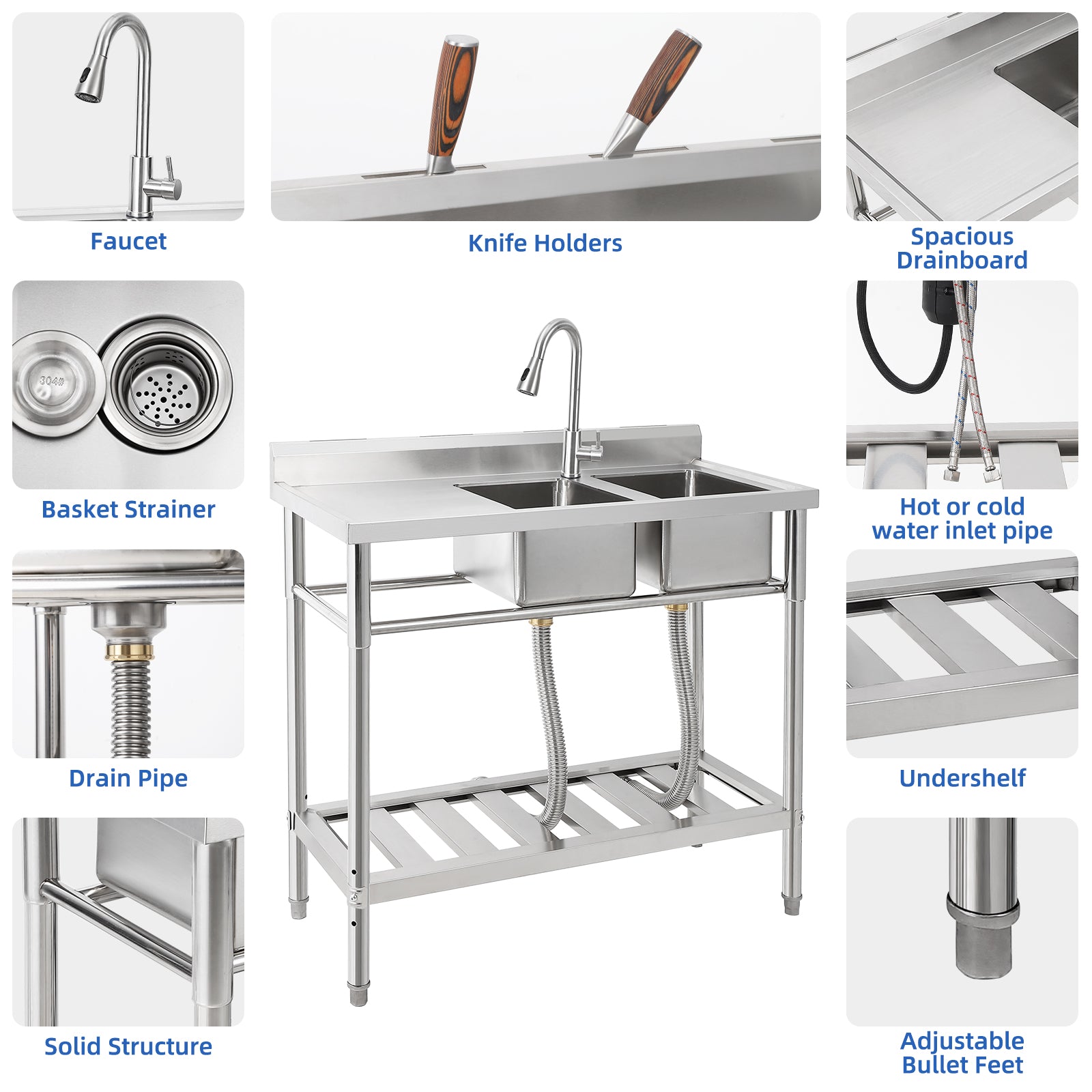 GARVEE Free Standing Sink With Faucet and Drainboard, Utility Stainless Steel Kitchen 2 Bowl Sink With Workbench, Station Sink With Storage Shelves, for Restaurant, Cafe, Bar, Hotel, Garage, Laundry Room