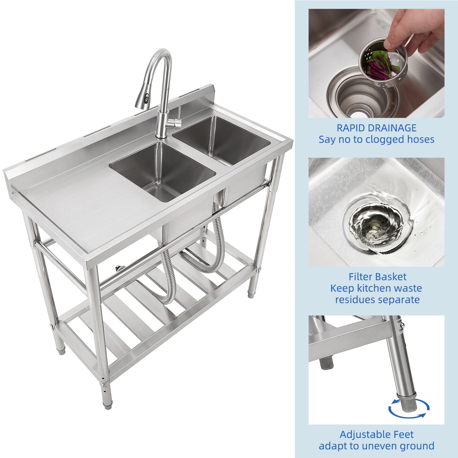 GARVEE Free Standing Sink With Faucet and Drainboard, Utility Stainless Steel Kitchen 2 Bowl Sink With Workbench, Station Sink With Storage Shelves, for Restaurant, Cafe, Bar, Hotel, Garage, Laundry Room