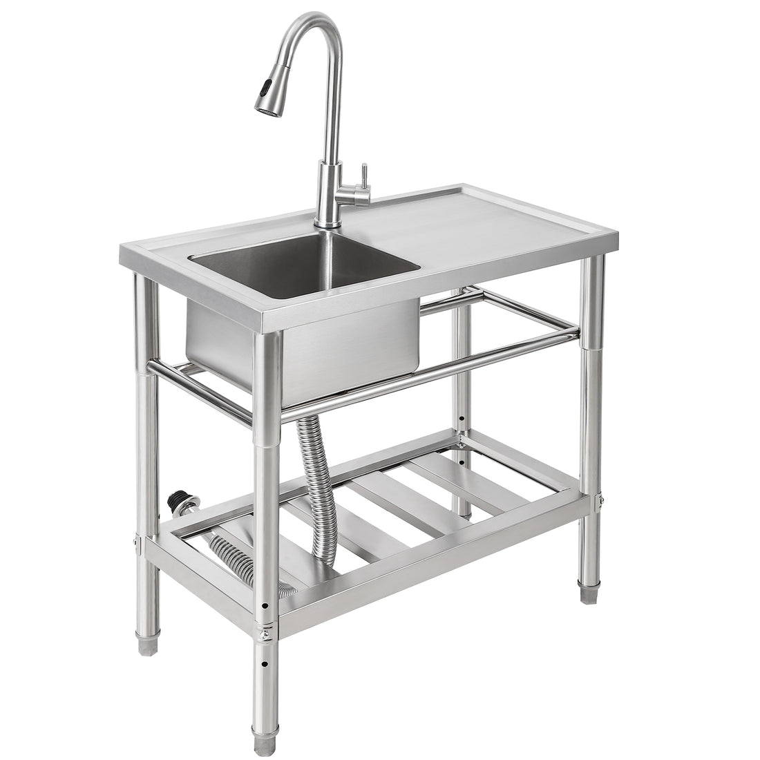 GARVEE Outdoor Free Standing Sink With Faucet and Drainboard, Utility Stainless Steel Kitchen 1 Bowl Sink, Station Sink With Storage Shelves, for Restaurant, Cafe, Bar, Hotel, Garage, Laundry Room