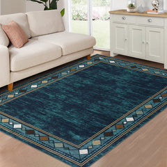 GARVEE 9x12 Large Area Rug Modern Bordered Washable Area Rug for Living Room Geometric Border Accent Rug Throw Carpet Non-Slip Stain Resistant Floor Cover for Home Decor, Teal