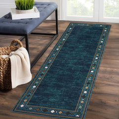 GARVEE Hallway Runner Rug 2x6 Feet Modern Bordered Washable Runner Rug, Non-Slip Stain Resistant Area Rug Geometric Border Kitchen Mat Entryway Carpet Rug for Bedside, Teal