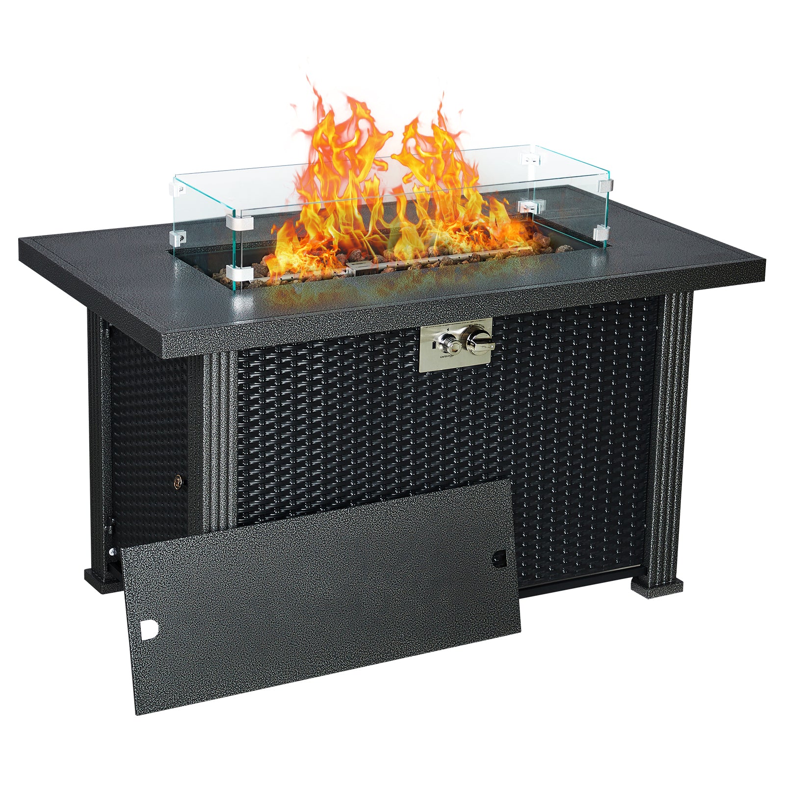 Propane Fire Pit Table 44" L x25 W x 24.5" H, 50000BTU Rectangle Fire Table with Windshield, Sturdy Steel and Iron Fence Surface, CSA Safety Certified Black Firepit Table