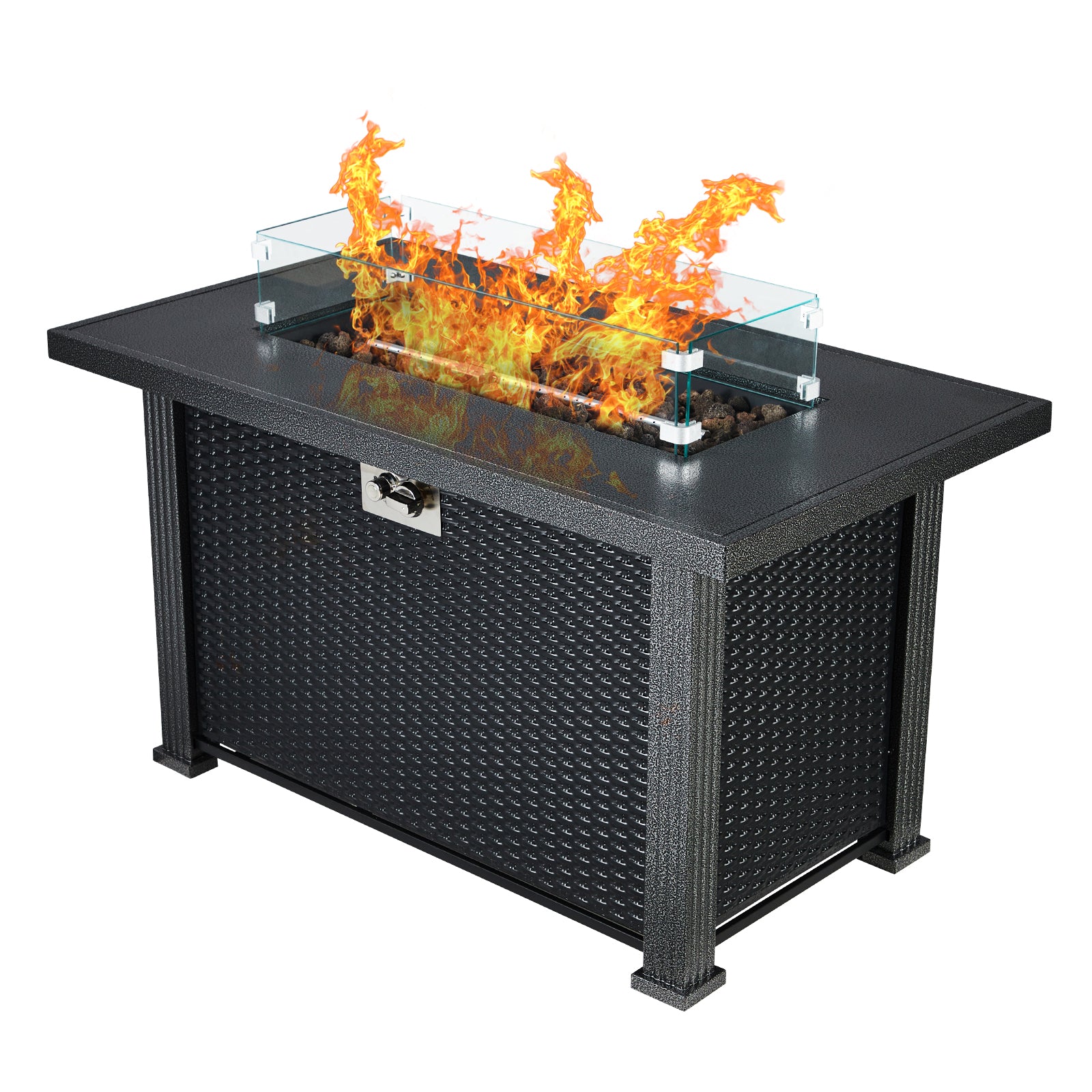 Propane Fire Pit Table 44" L x25 W x 24.5" H, 50000BTU Rectangle Fire Table with Windshield, Sturdy Steel and Iron Fence Surface, CSA Safety Certified Black Firepit Table